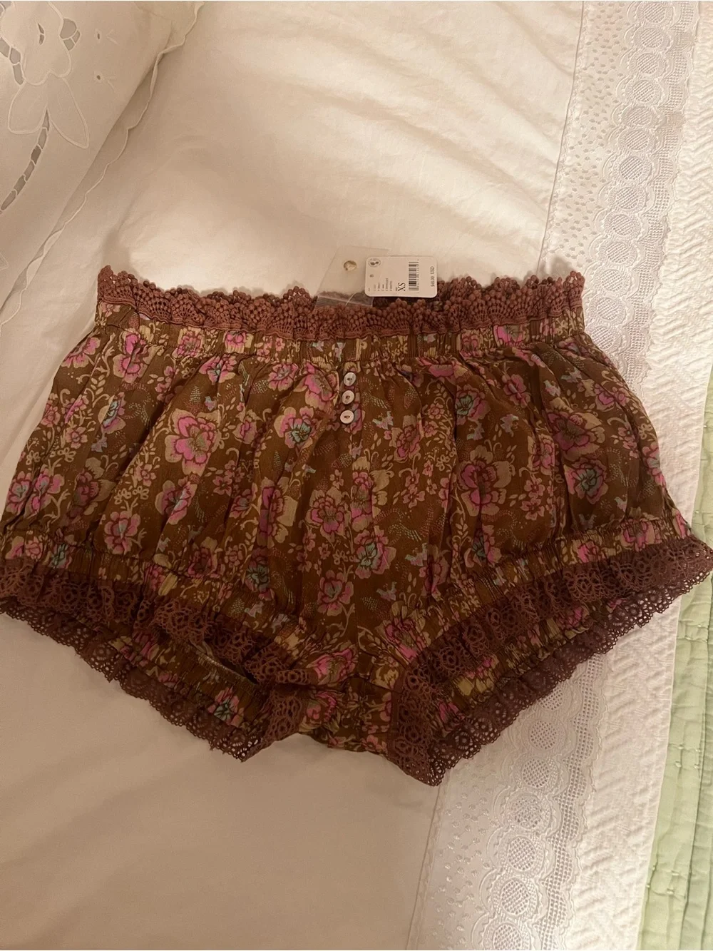 Free People Brown Floral Lace-Trim High Waist Shorts - Picture 1 of 4
